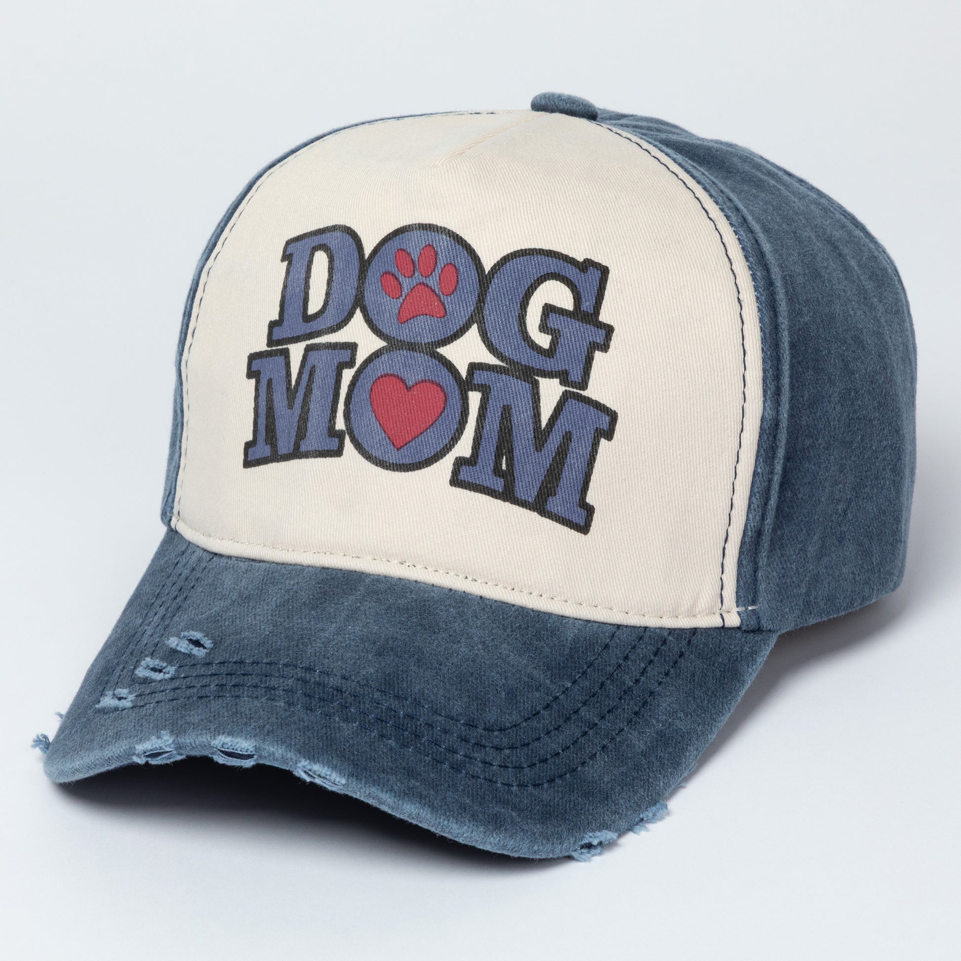 Cap with 'Dog Mom' text and paw print on a light gray background