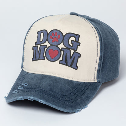Cap with 'Dog Mom' text and paw print on a light gray background