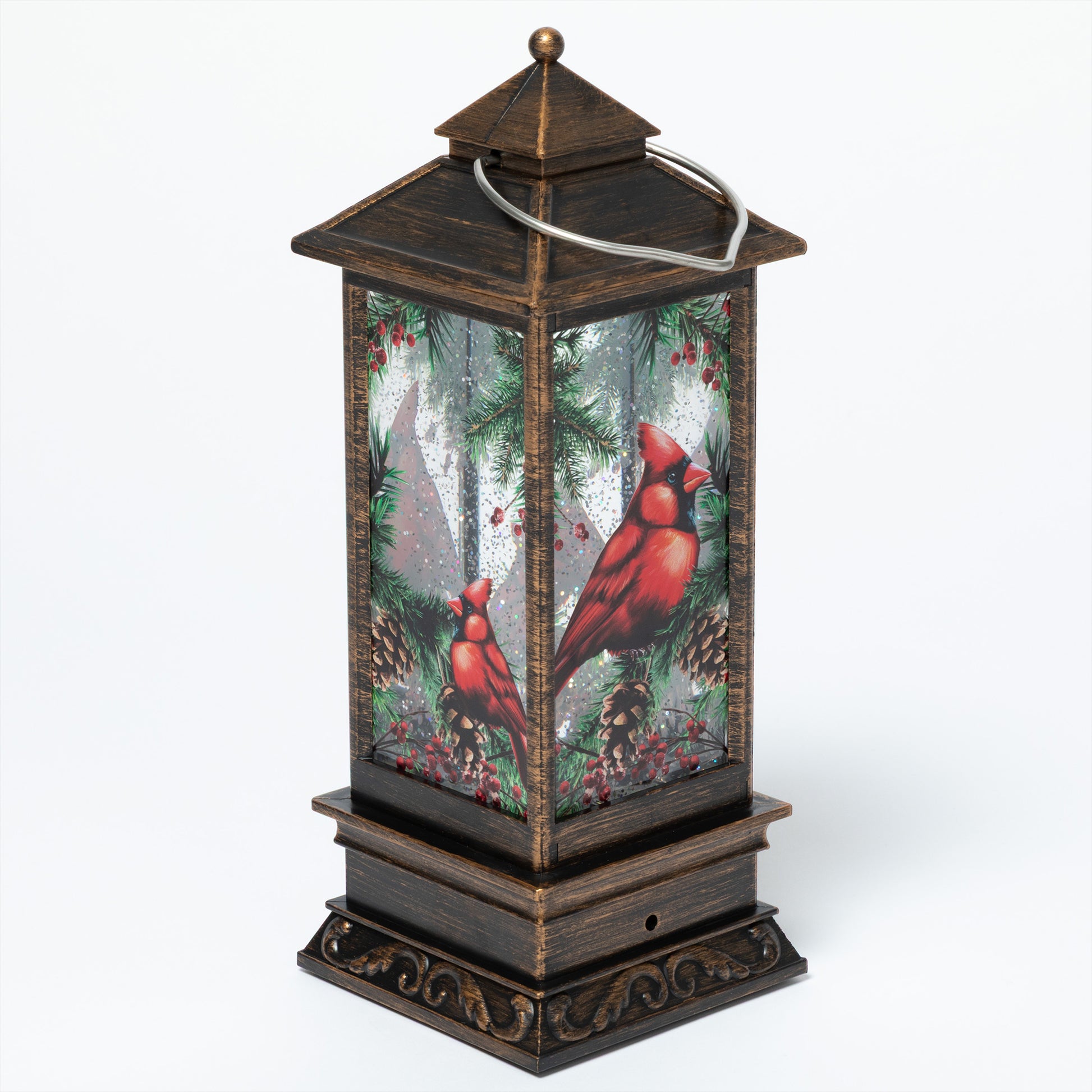 Decorative lantern with cardinals and nature design on a white background