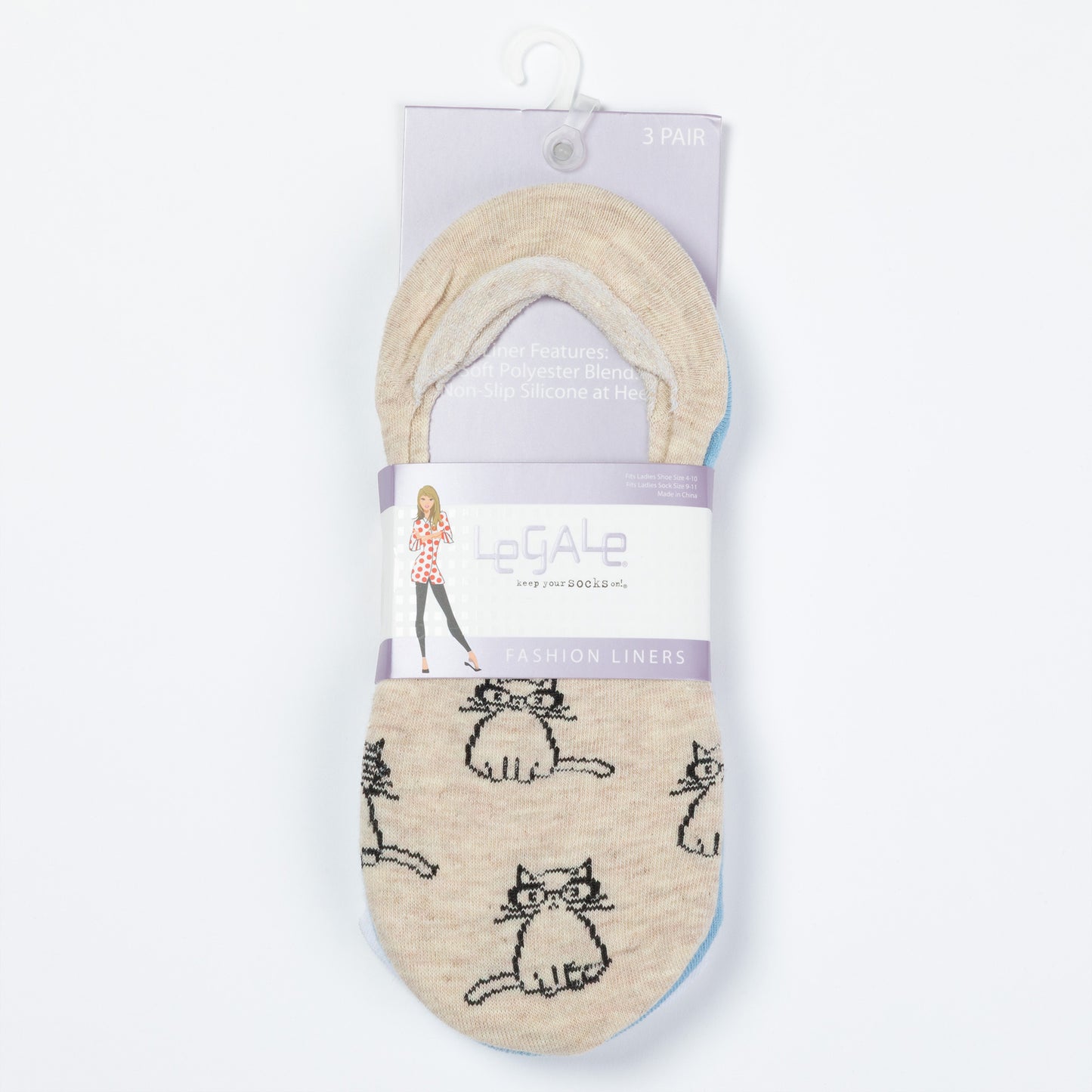 Packaged no-show socks with cat designs on a white background
