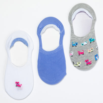 Three pairs of no-show socks in white, blue, and gray with animal patterns on a white background.