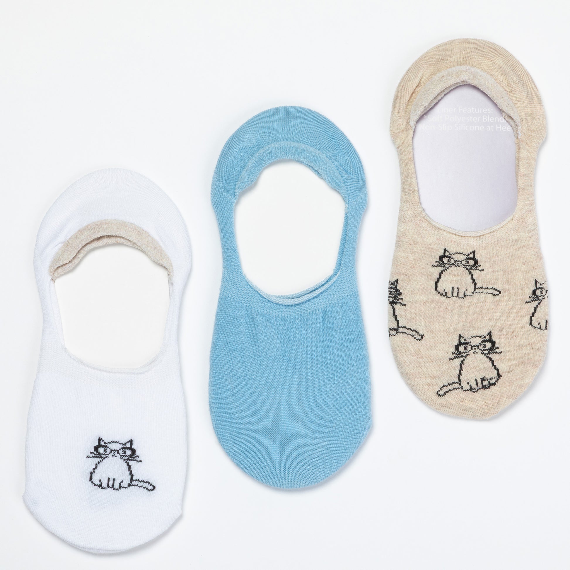 Three pairs of no-show socks in white, blue, and beige with cat designs on a white background.