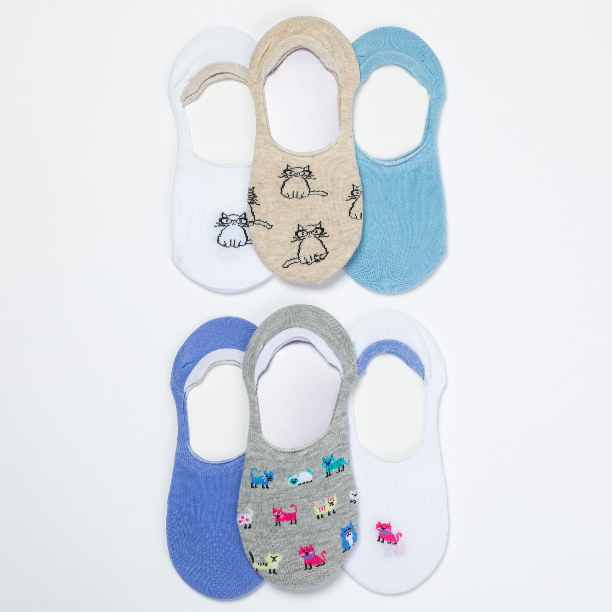Set of 6 pairs of socks with cat designs on a white background