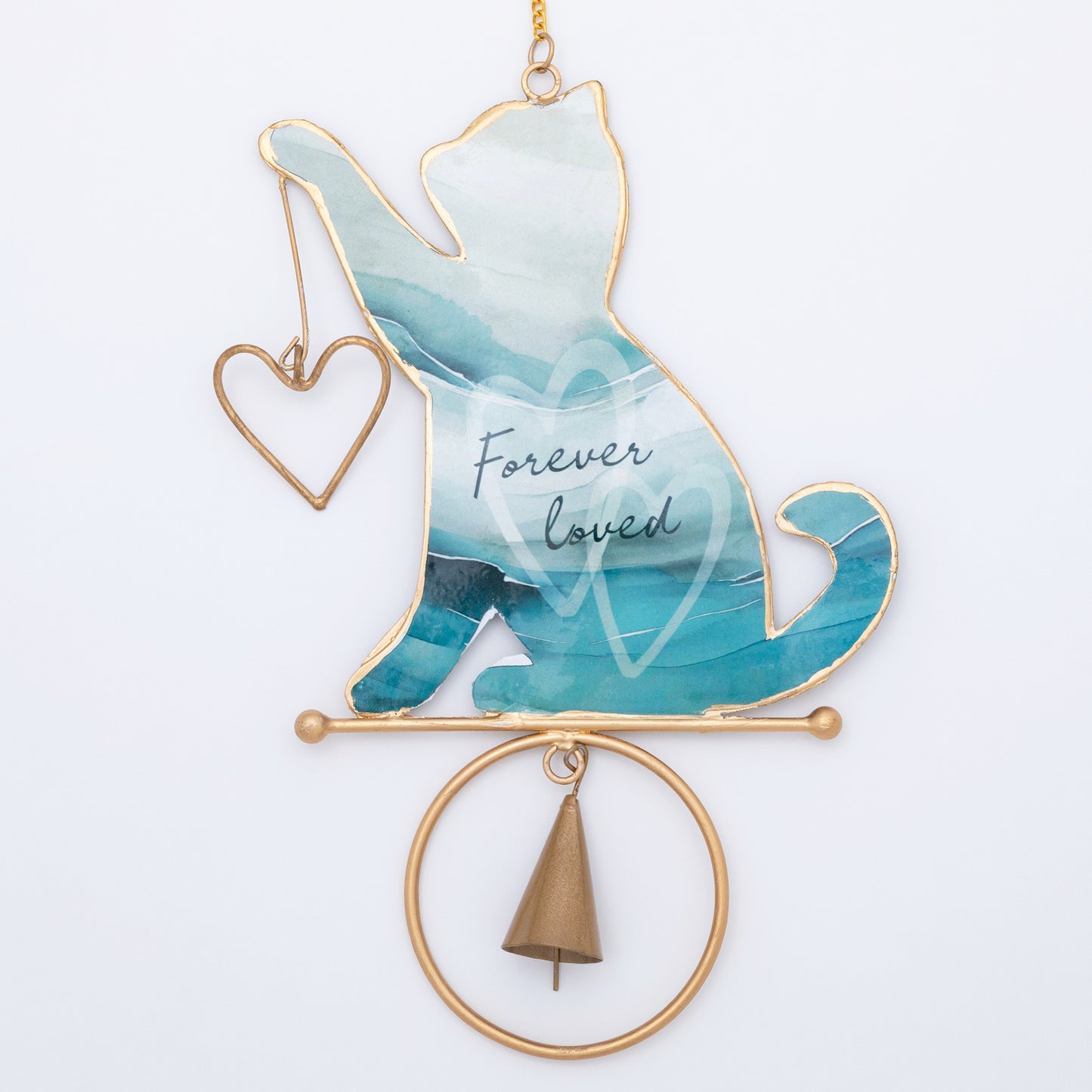 Decorative hanging chime with a cat silhouette, bell, and 'Forever Loved' text on a white background.
