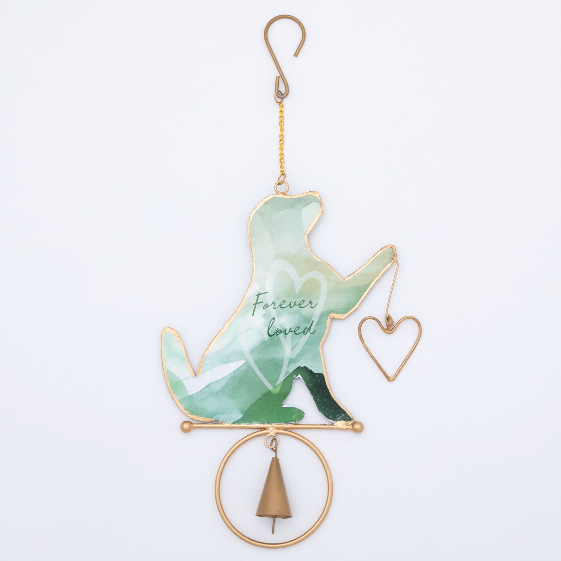 Decorative hanging chime with a green silhouette of a dog and 'Forever loved' text on a white background.