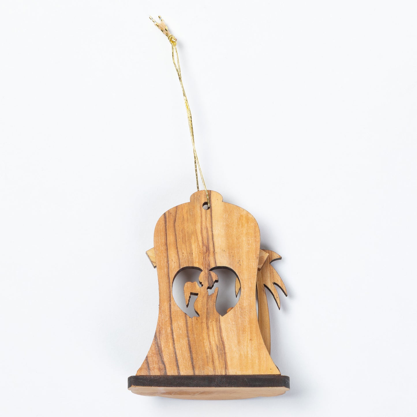A small wooden hanging ornament shaped like a stylized figure with heart-shaped cutouts in the center and a gold hanging string, shown against a plain white background.
