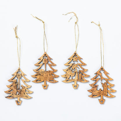 Four laser-cut wooden Christmas tree ornaments with hanging twine, featuring engraved scenes and the word 'BETHLEHEM' on a white background.