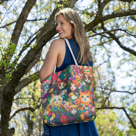 Colorful Floral Cat Tote Bag with Rope Handles