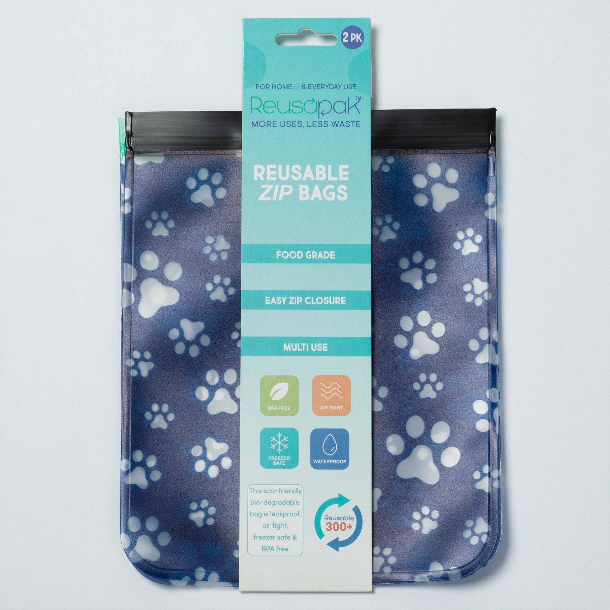 Reusable zip bags with paw pattern packaging on a light gray background