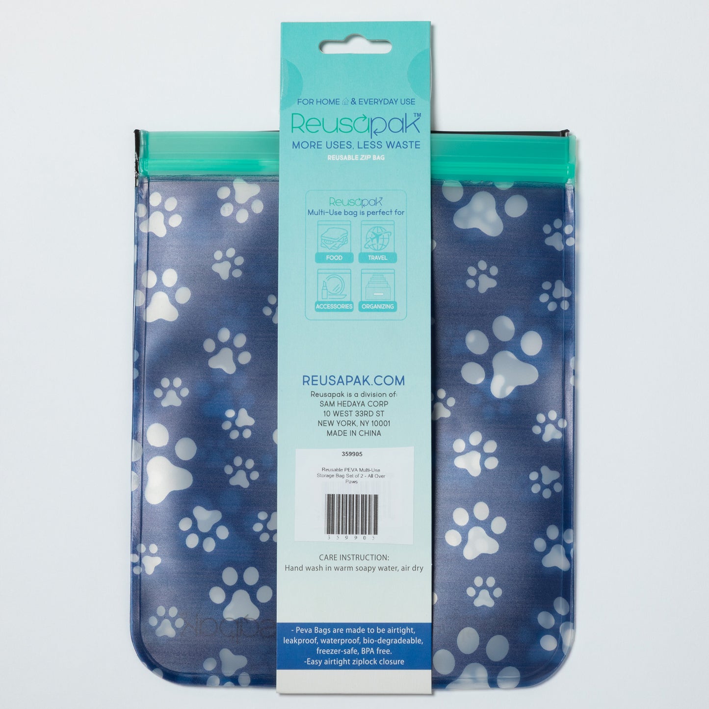 Reusable storage bag with paw print pattern and Reusapak packaging on a light gray background