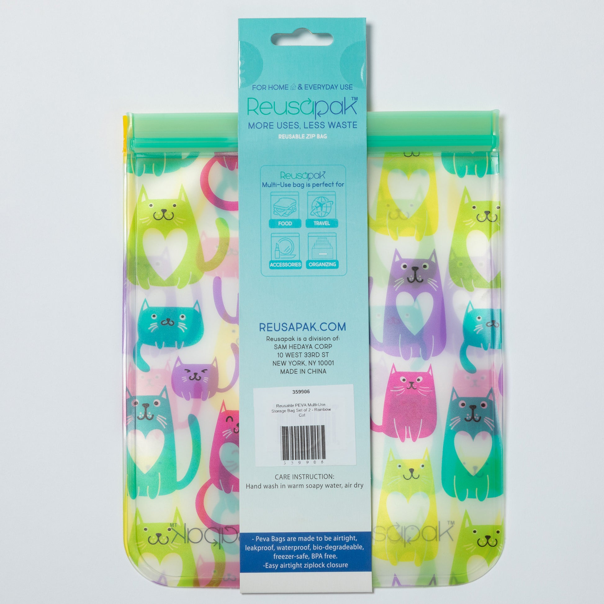 Reusable snack bag with colorful cat pattern and Reusapak packaging on a light gray background