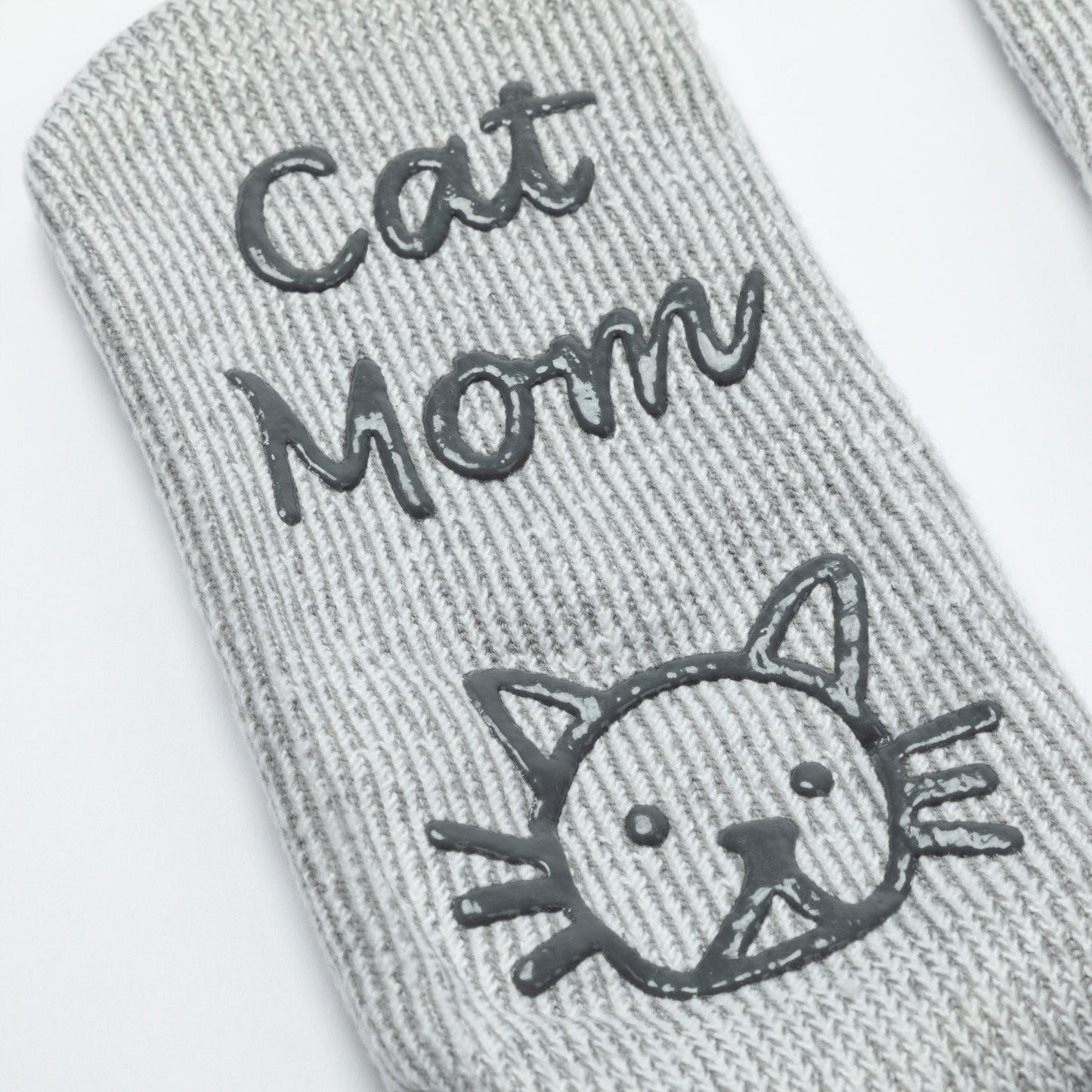 Gray sock with 'Cat Mom' text and cat face design on a white background