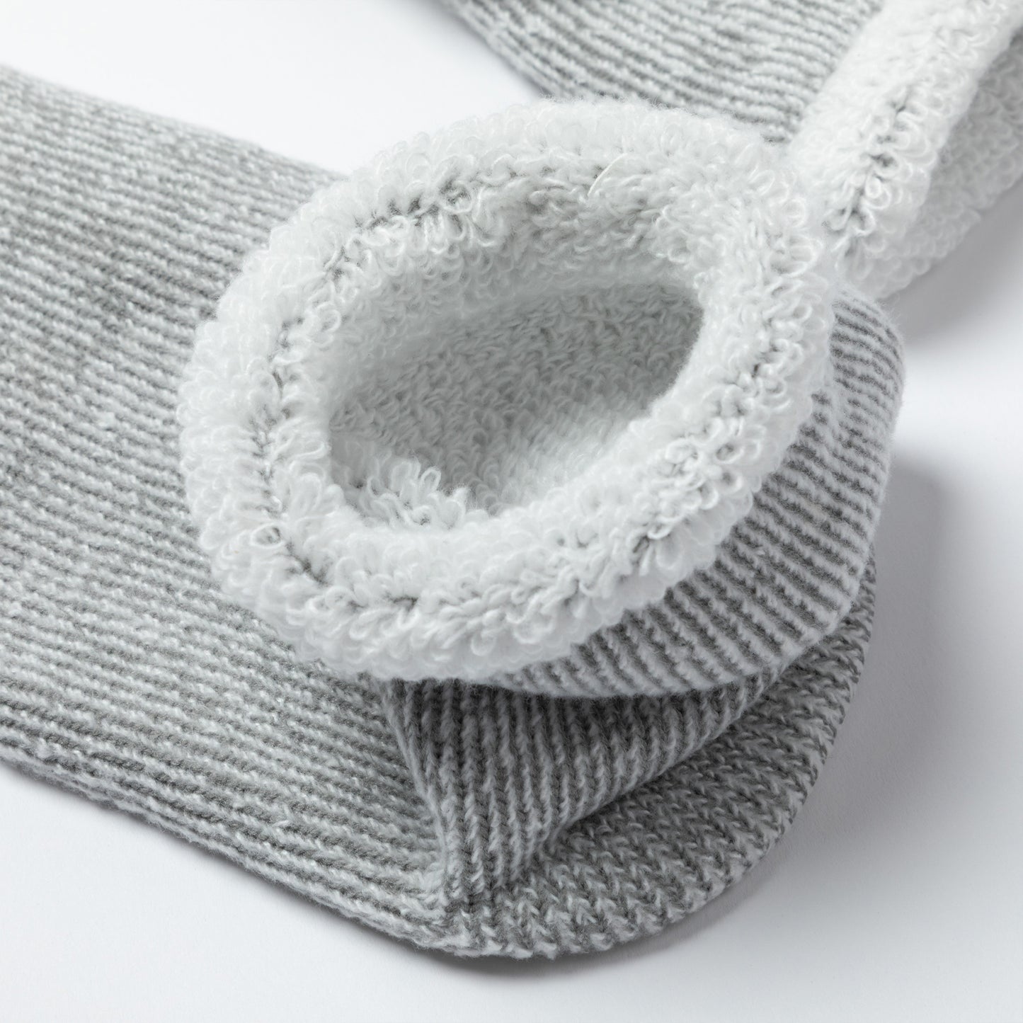 Gray textured socks with fuzzy trim on a white background