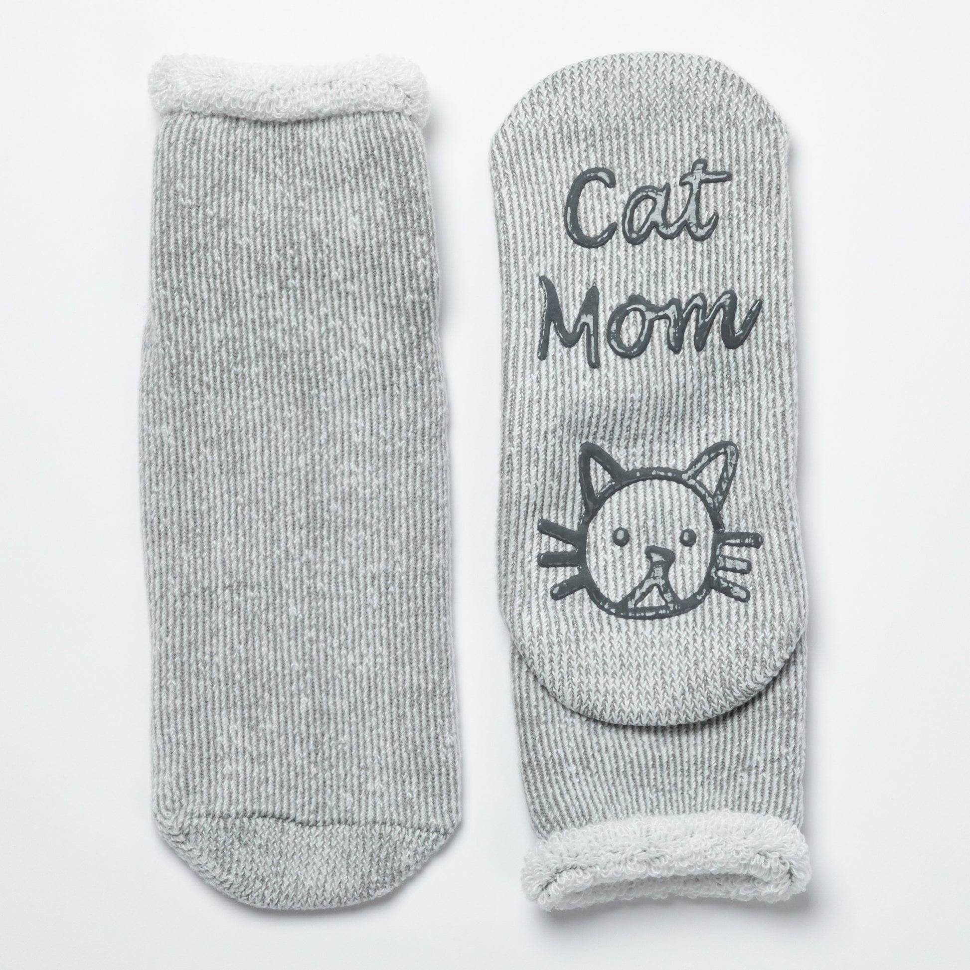 Gray socks with 'Cat Mom' text and cat icon on a white background