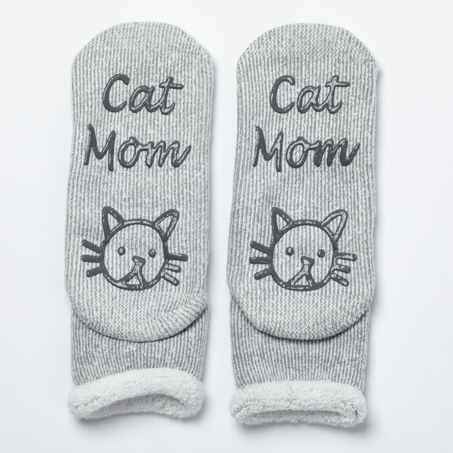 Gray socks with 'Cat Mom' text and cat illustrations on a white background