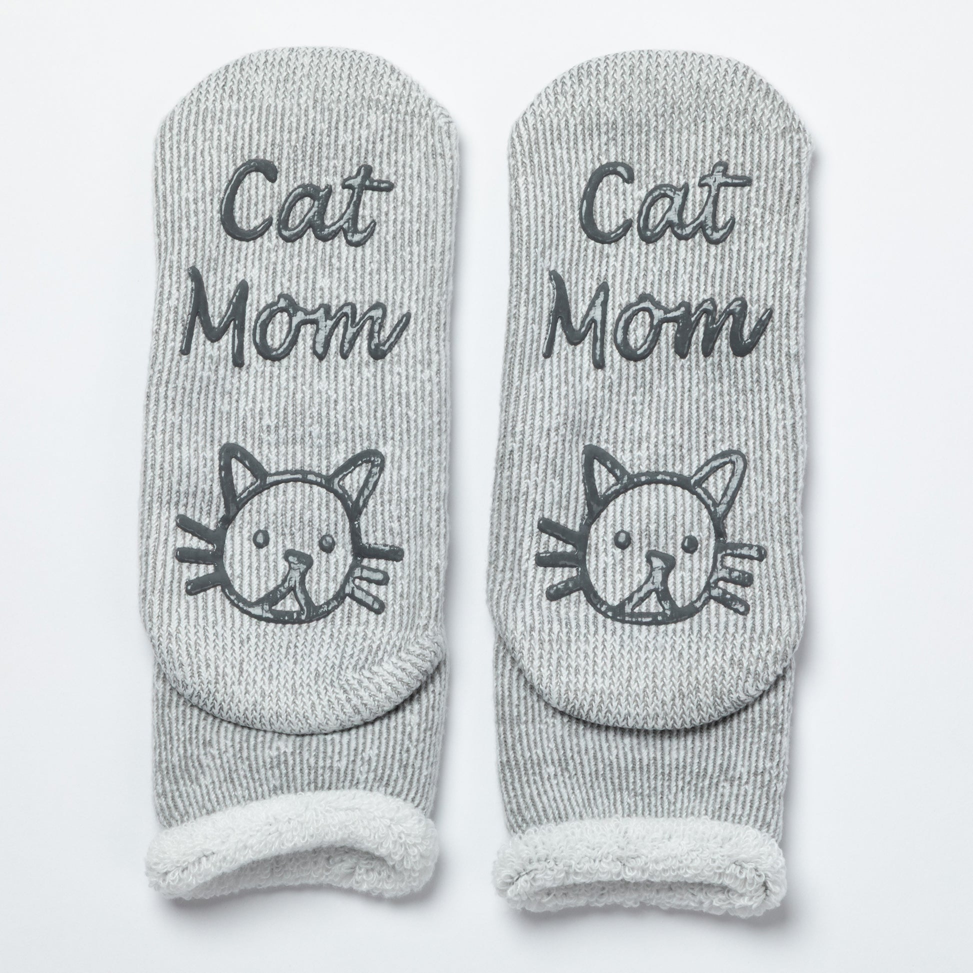 Gray socks with 'Cat Mom' text and cat illustrations on a white background