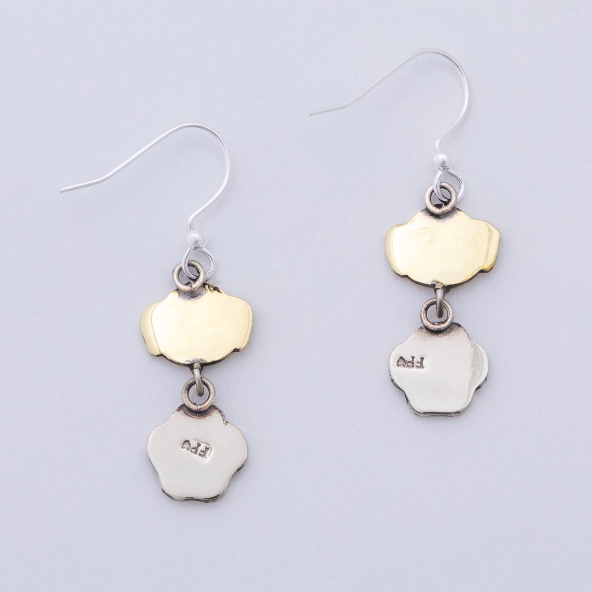 The reverse side of a pair of handmade dangle earrings.