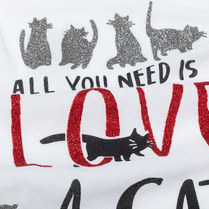 Text 'All you need is love and cats' with cat illustrations on a white background