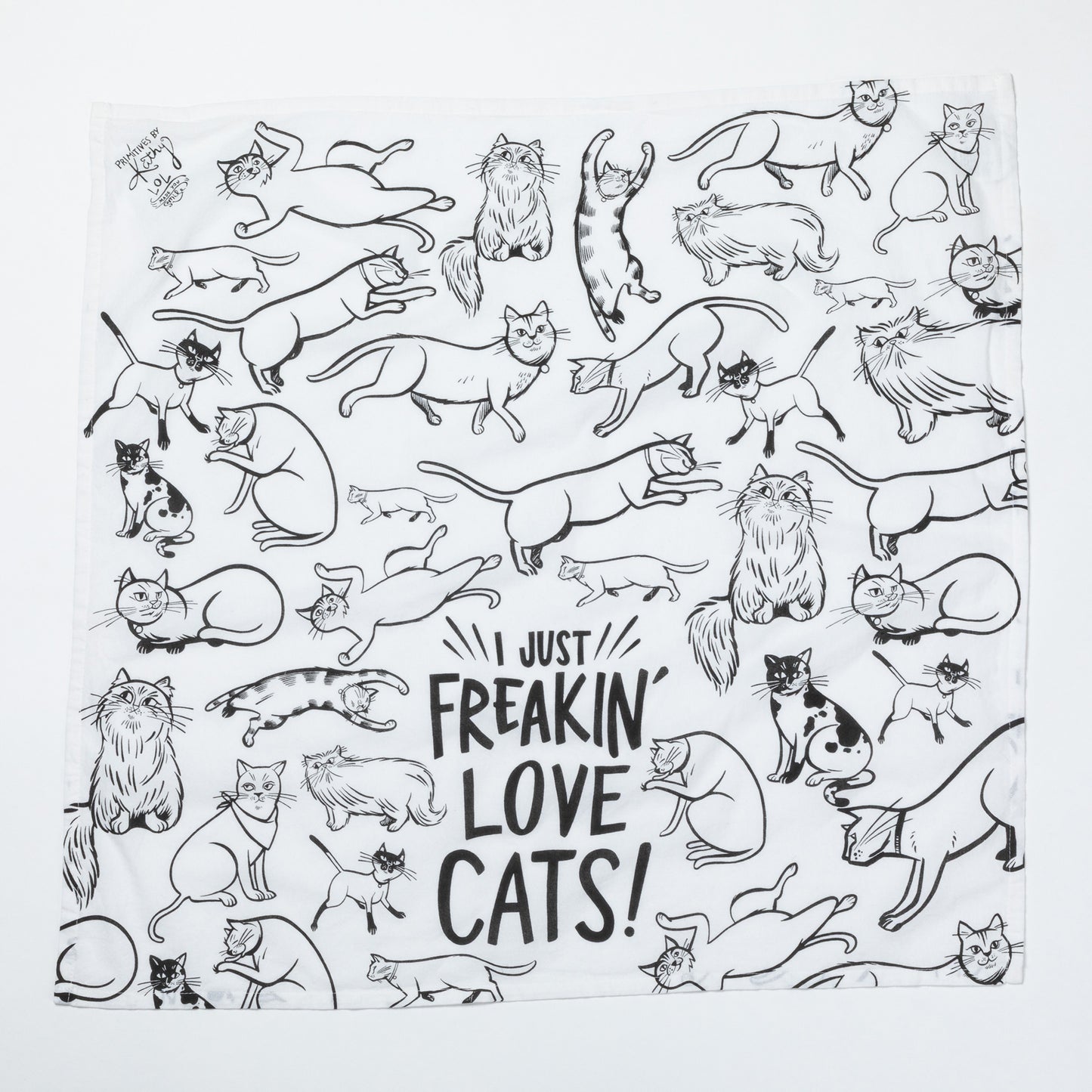 White towel with black line art of cats and text 'I just freakin' love cats!' on a white background
