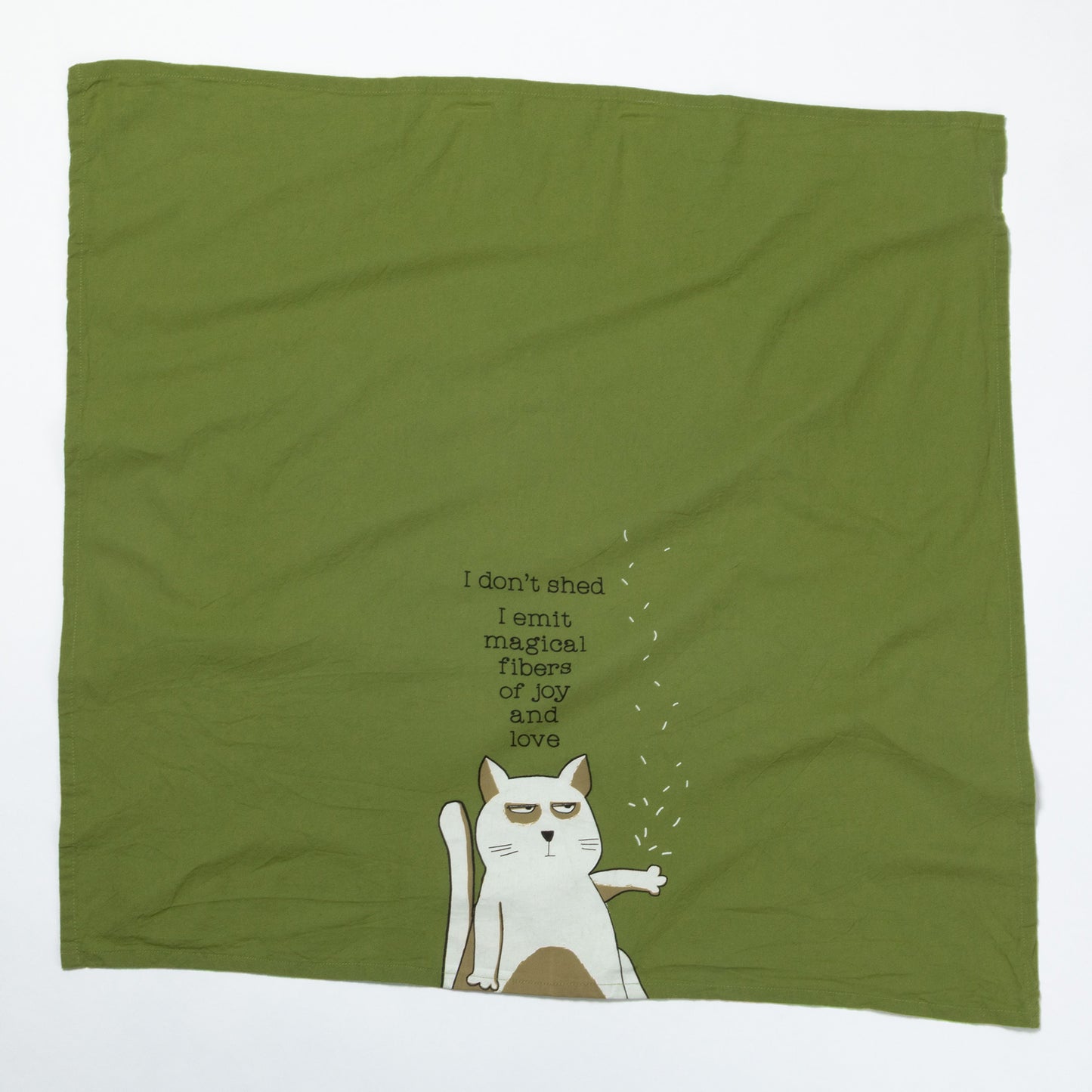 Green dish towel with a cat illustration and text on a white background