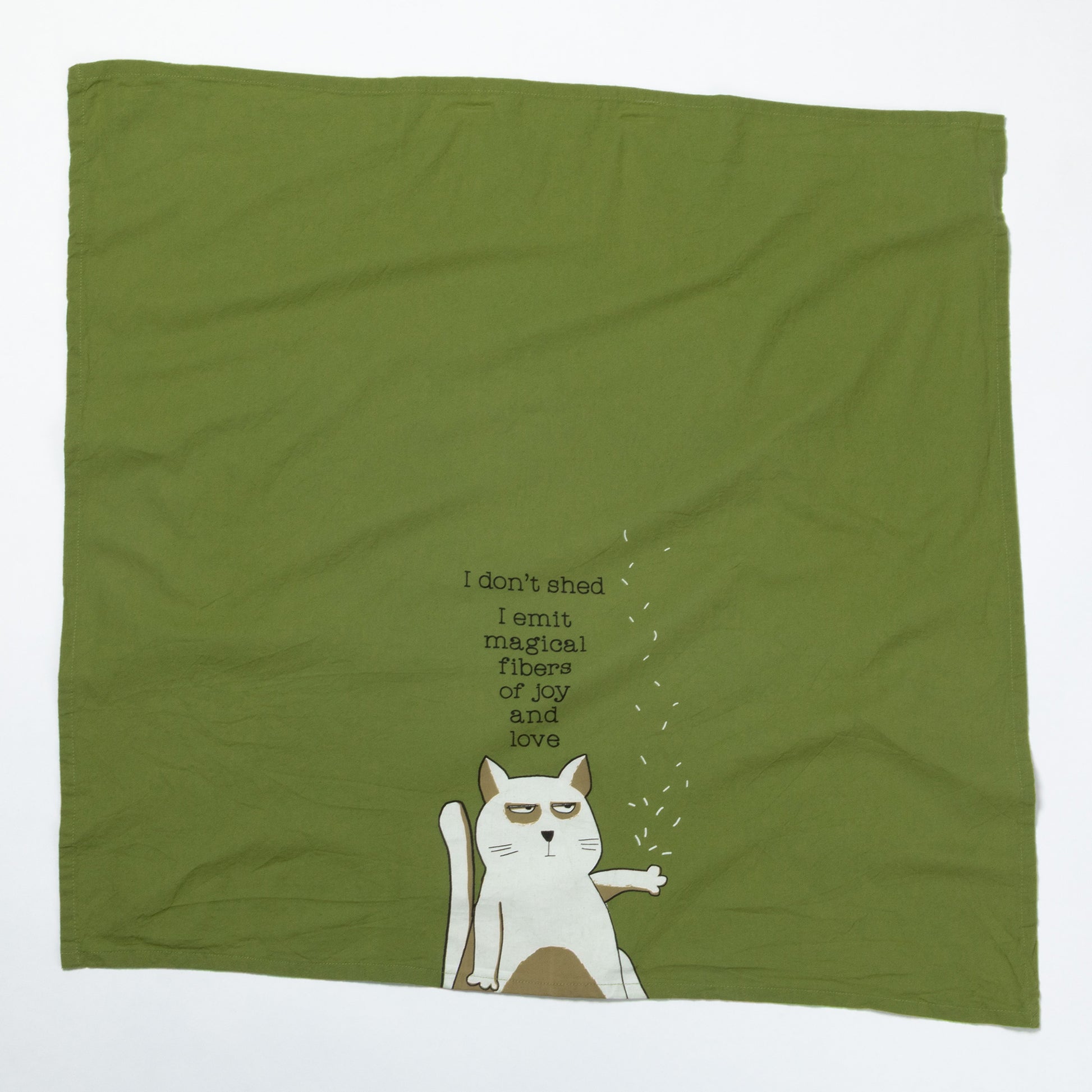 Green dish towel with a cat illustration and text on a white background