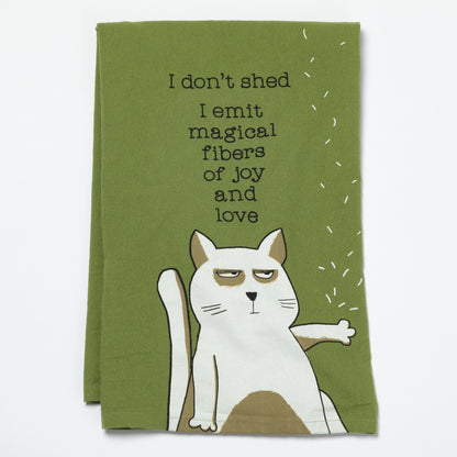 Green towel with a cartoon cat and humorous text on a white background