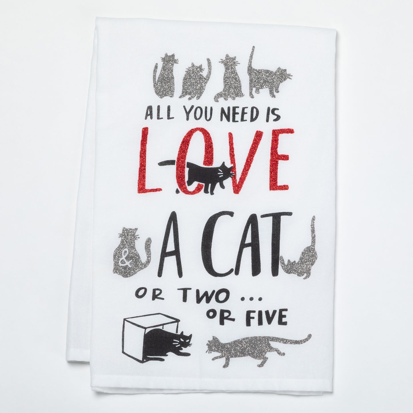 Towel with cat-themed text and graphics on a white background