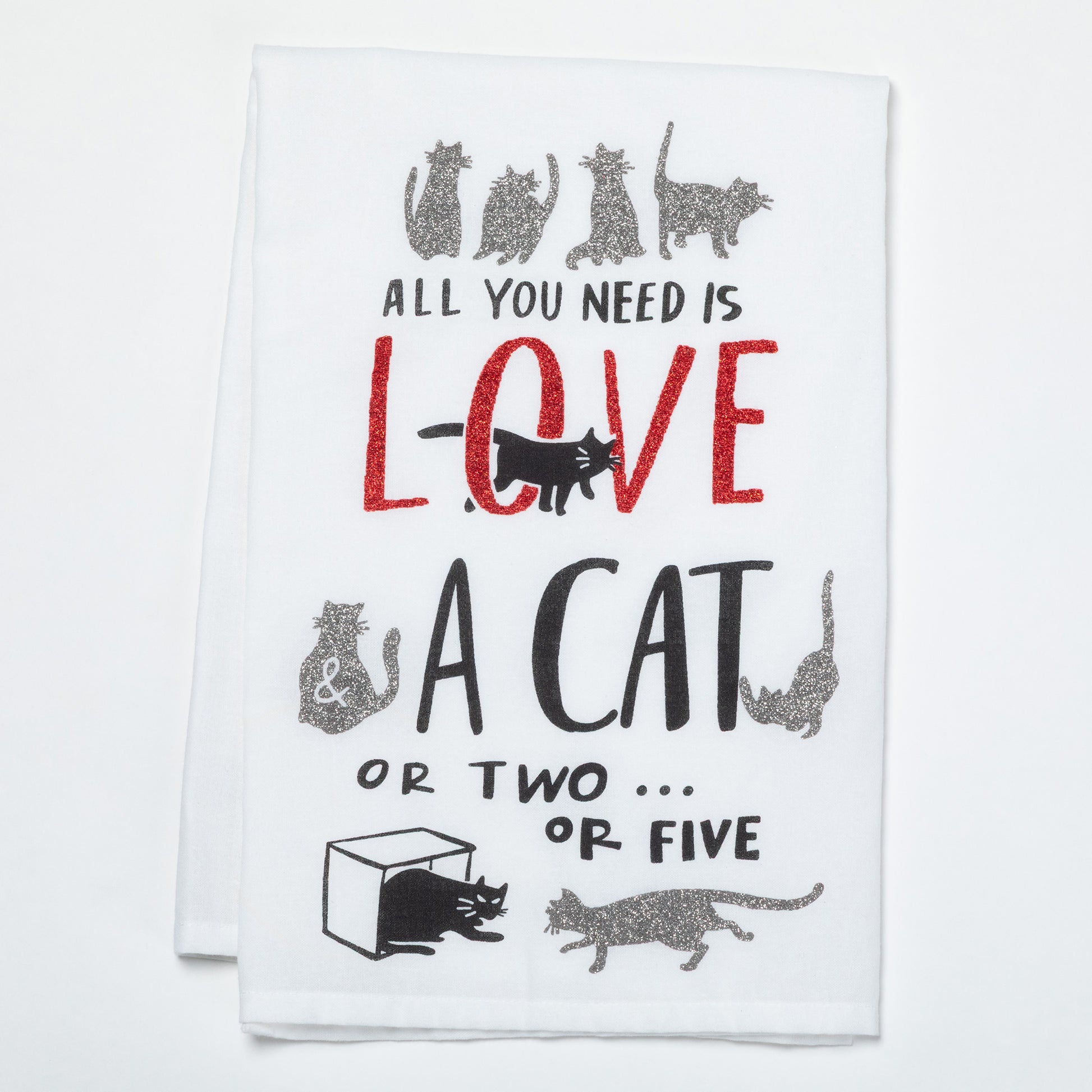 Towel with cat-themed text and graphics on a white background