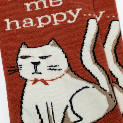 Cat-themed sock with text on a red background