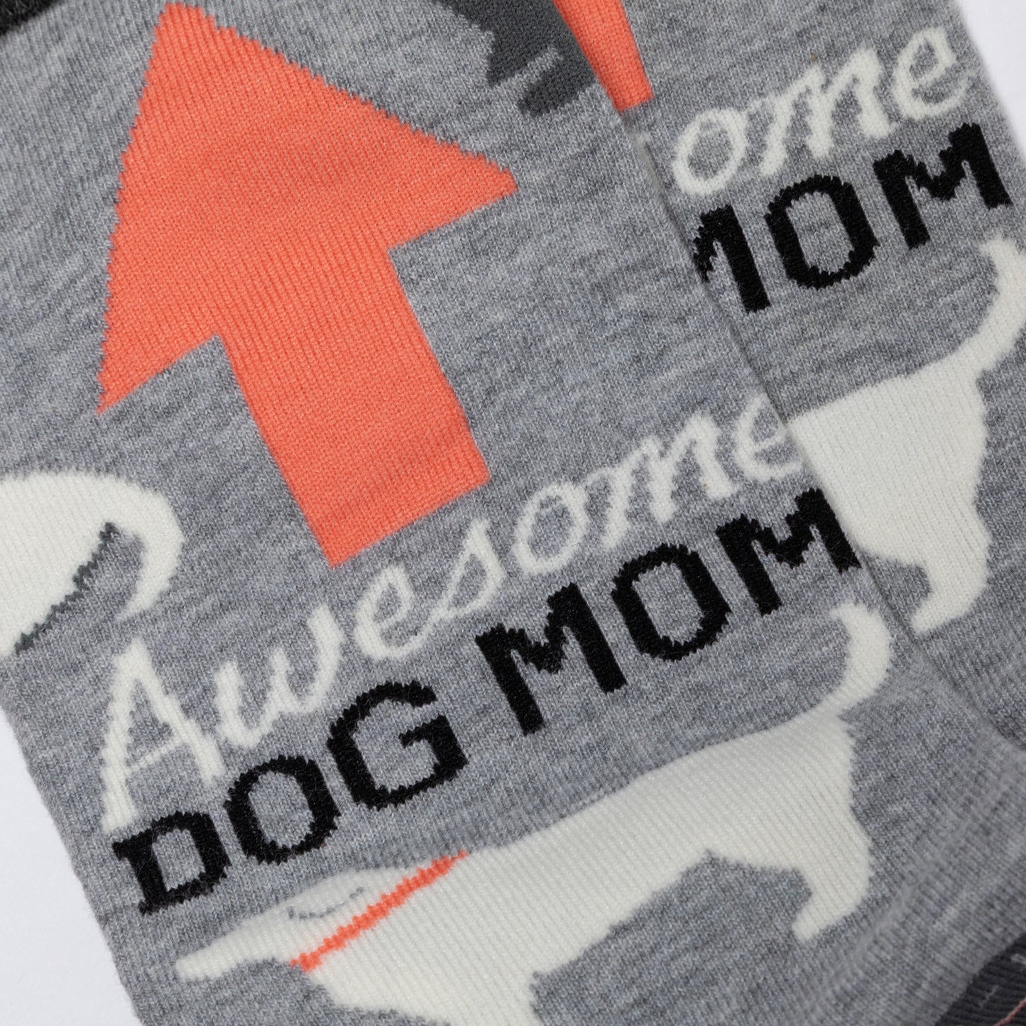 Gray sock with 'Awesome Dog Mom' text and dog illustrations