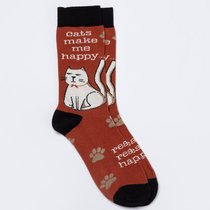 Red socks with a cat illustration and text on a white background