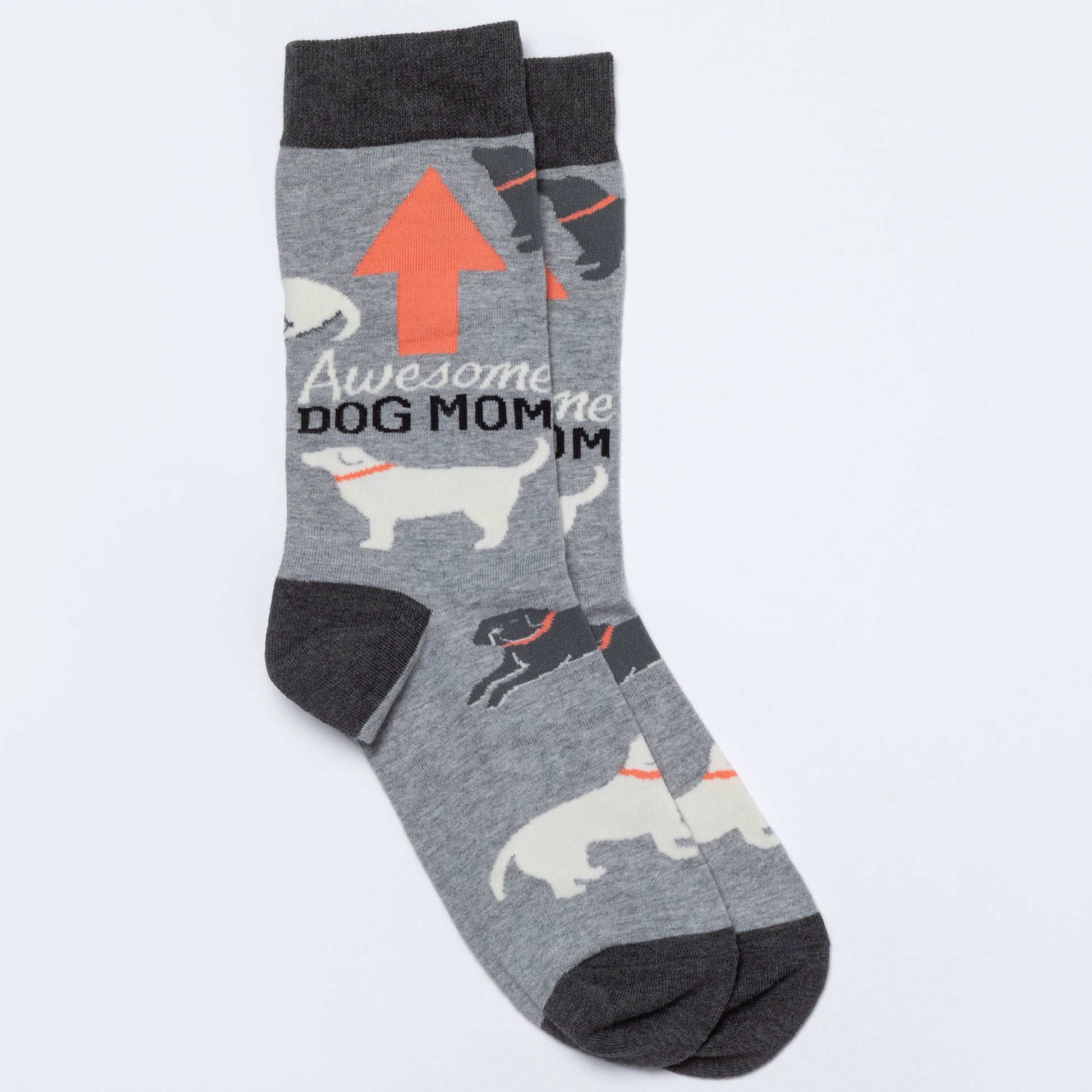 Gray socks with dog illustrations and 'Awesome Dog Mom' text on a white background