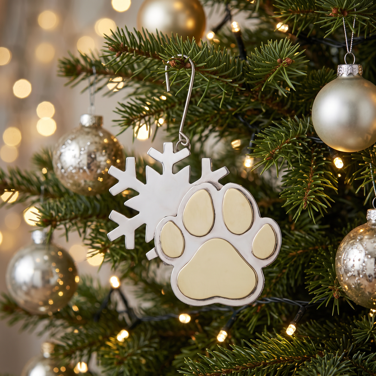 A decorative Christmas ornament shaped like a paw print with a snowflake outline, hanging on a lit evergreen tree with silver and gold ornaments in the background.