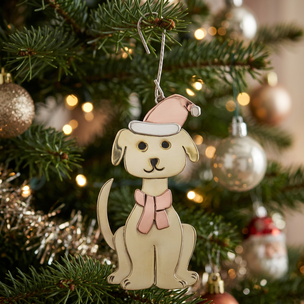 A wooden Christmas ornament shaped like a sitting dog, wearing a pink Santa hat and pink scarf, hanging on a decorated Christmas tree with warm lights and gold ornaments in the background.