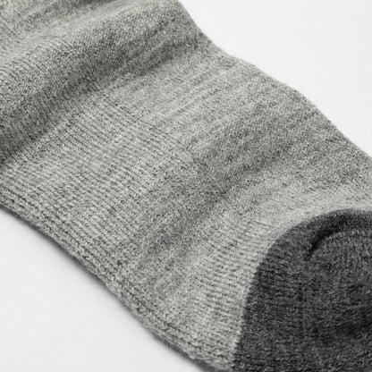 Close-up of a heather gray knit sock with a darker charcoal gray toe section, shown on a plain white background.