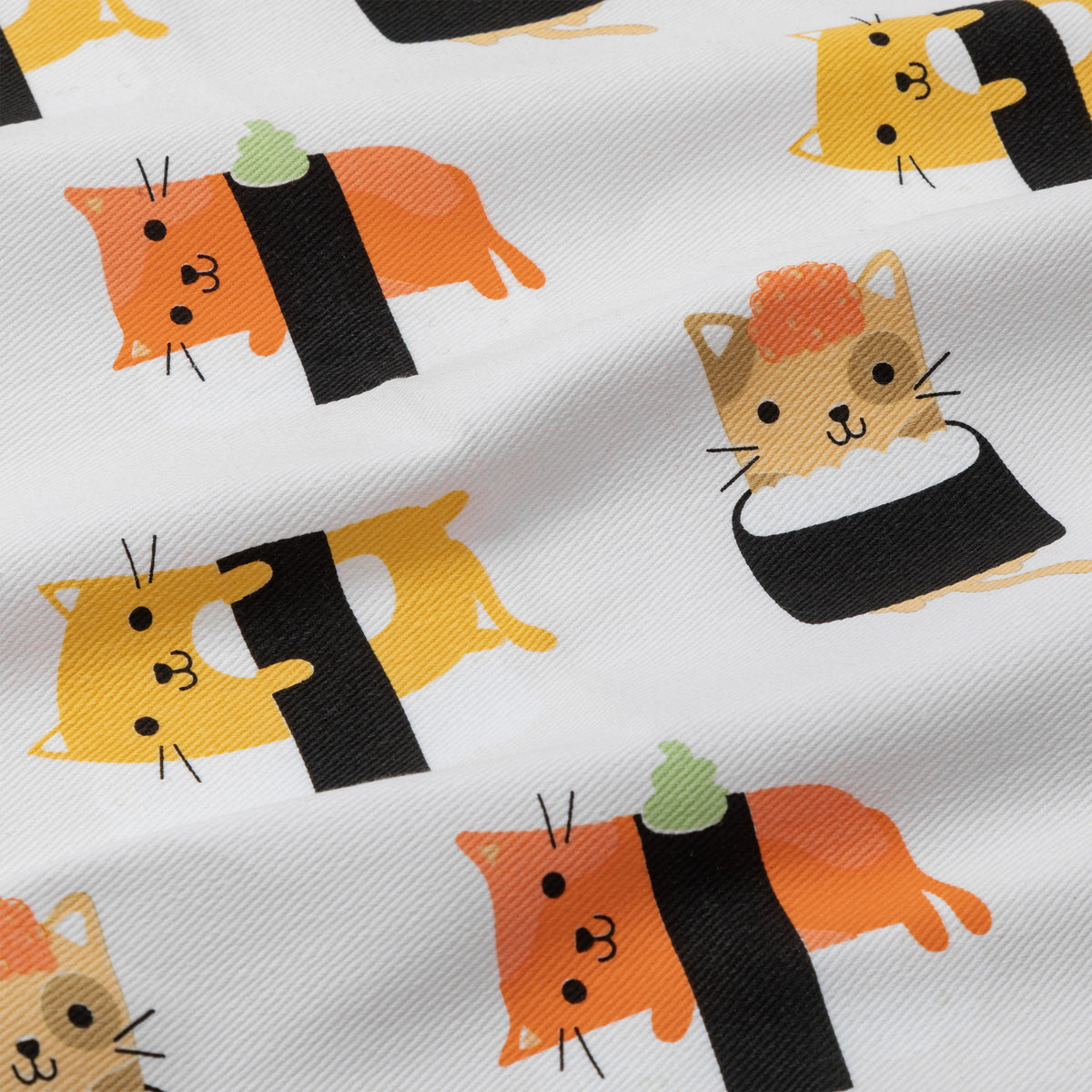 White fabric printed with a repeating pattern of cute cartoon cats wearing black sushi rolls, shown in a close-up with visible fabric texture.