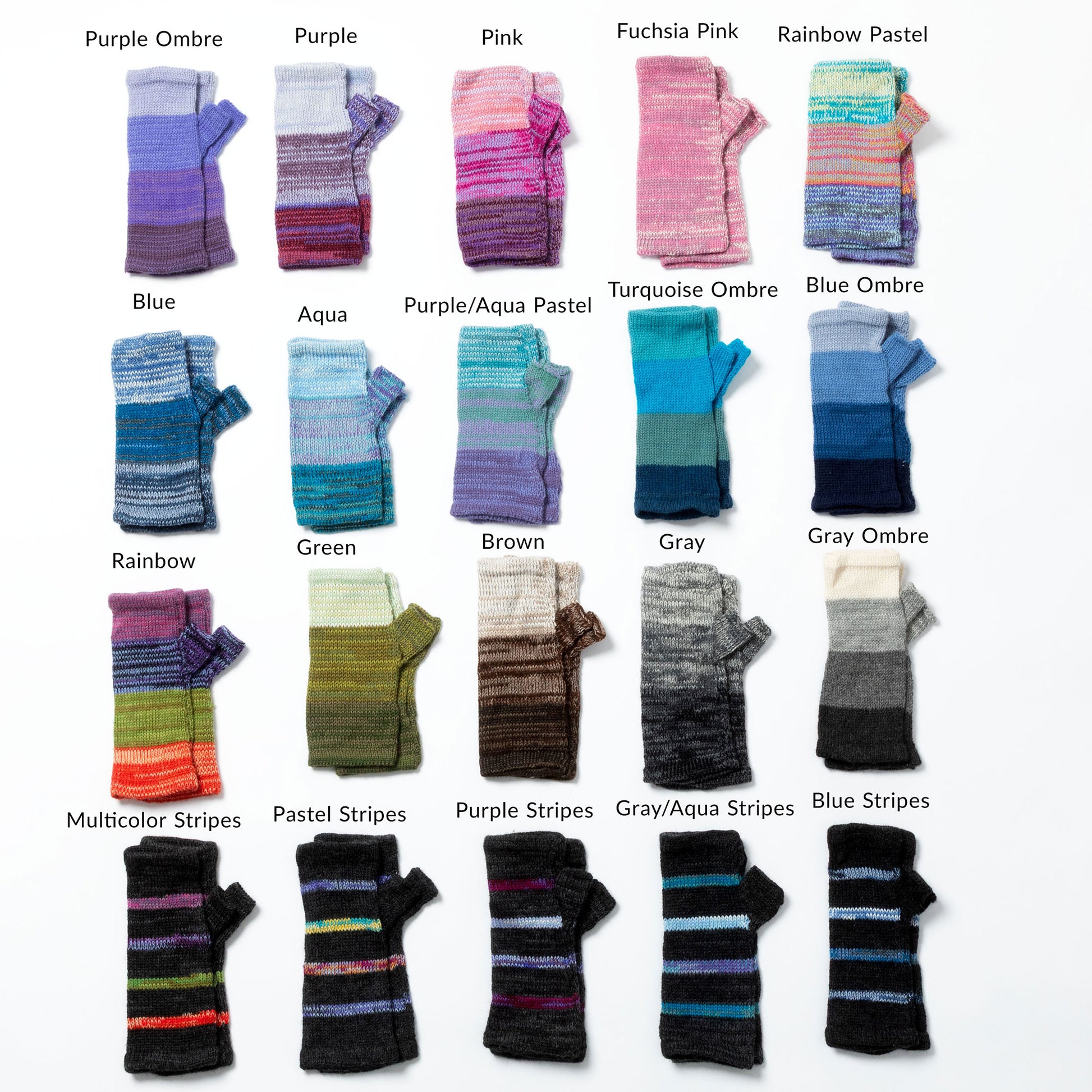 Collection of colorful striped fingerless gloves in various patterns and colors on a white background made with alpaca wool