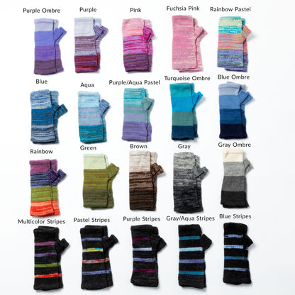 Collection of colorful striped fingerless gloves in various patterns and colors on a white background made with alpaca wool