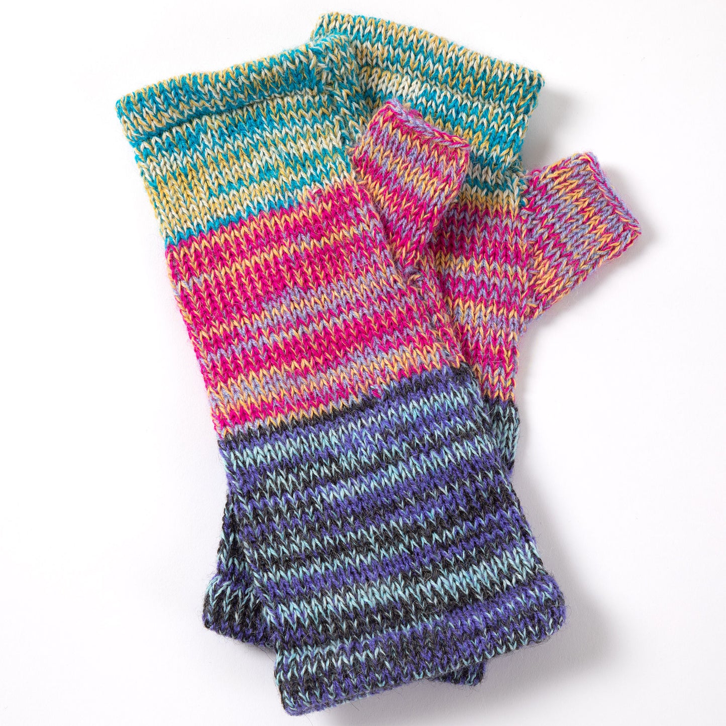 a pair of alpaca fingerless mittens in vibrant colors made from alpaca wool on a white background