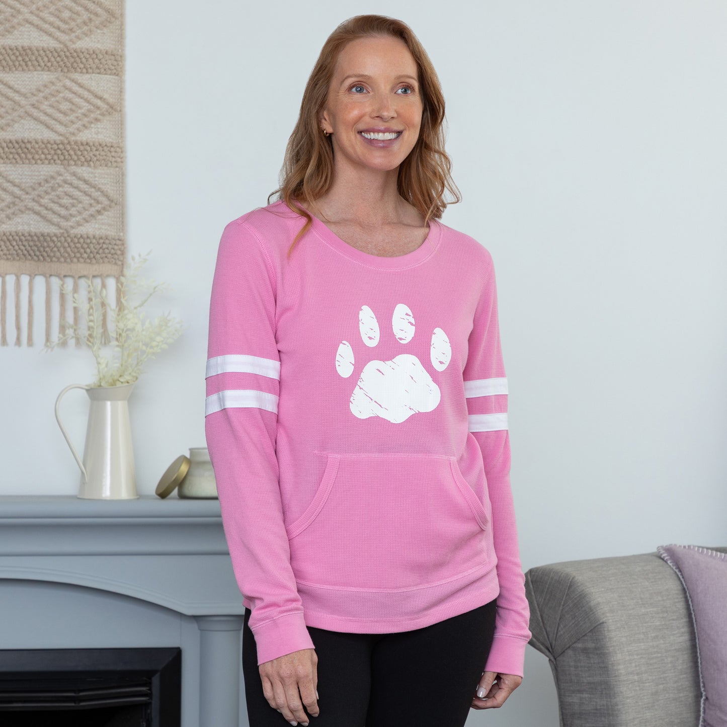 Paw Stripe Waffle Knit Thermal Long Sleeve Top