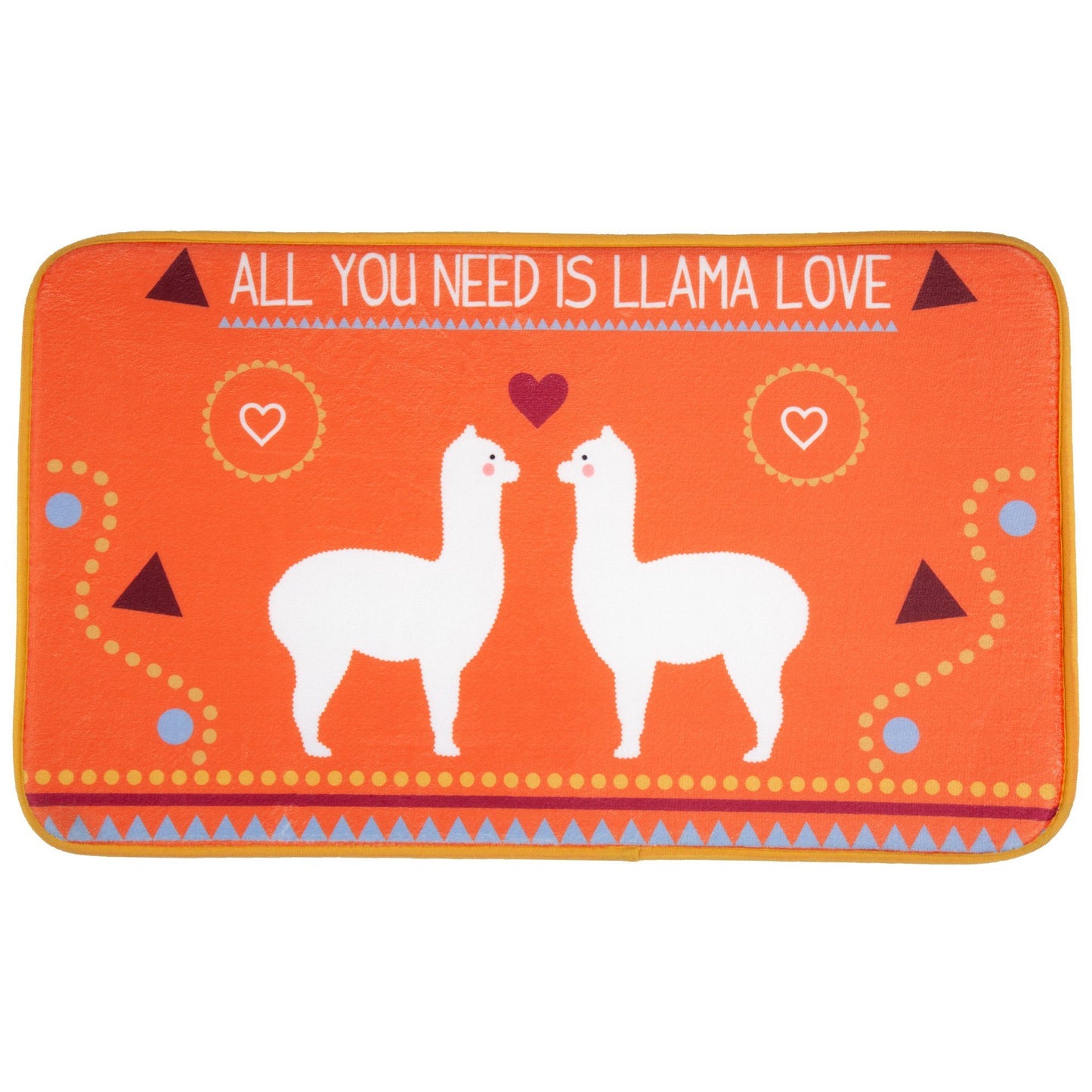 Orange memory foam mat with white llamas and text 'All you need is llama love' on a white background