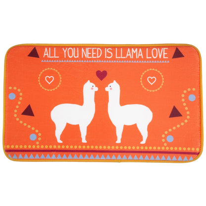 Orange memory foam mat with white llamas and text 'All you need is llama love' on a white background