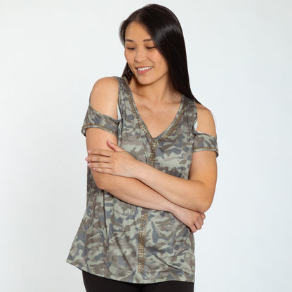 Camo Studded V-Neck Top