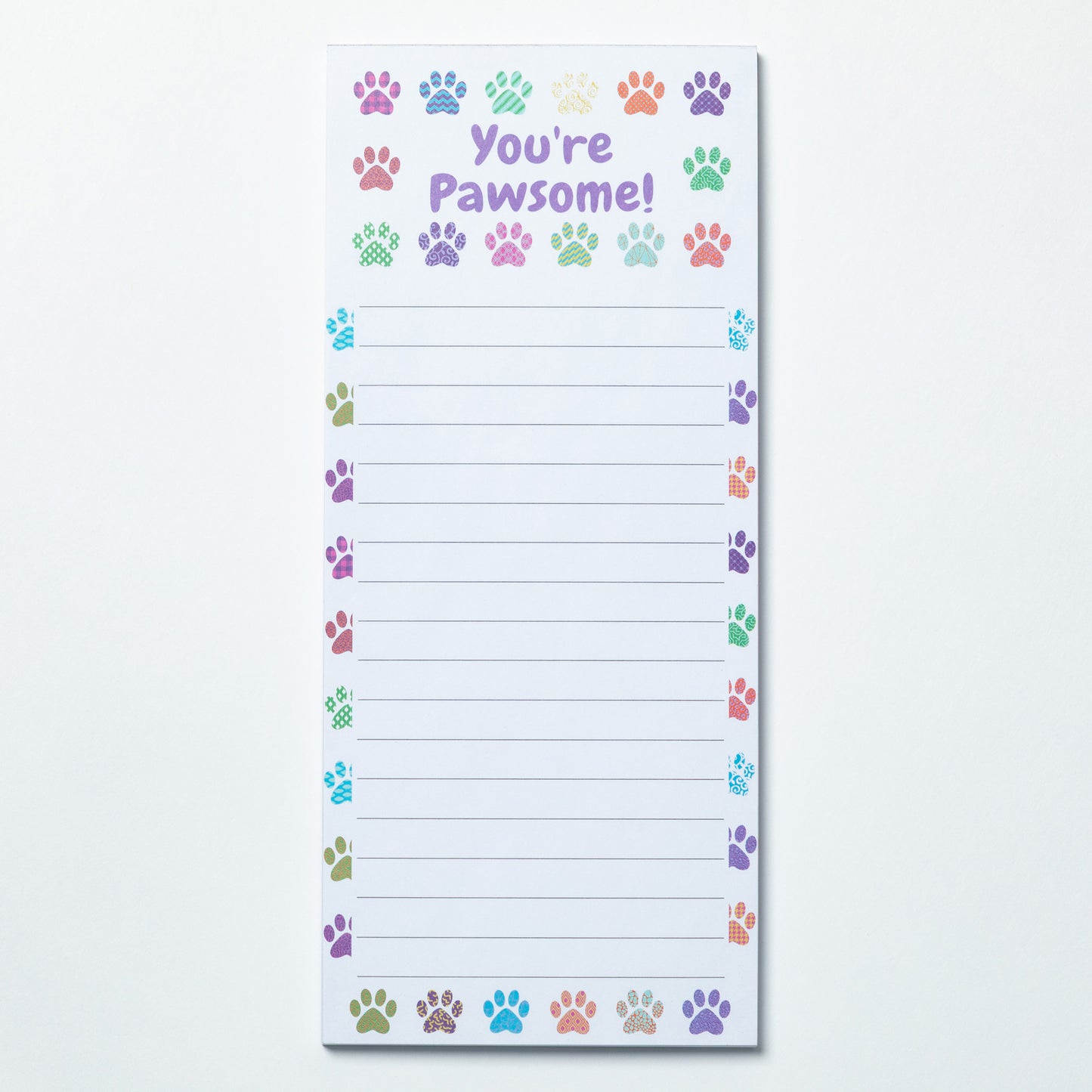 Notepad with colorful paw prints and 'You're Pawsome!' text on a white background