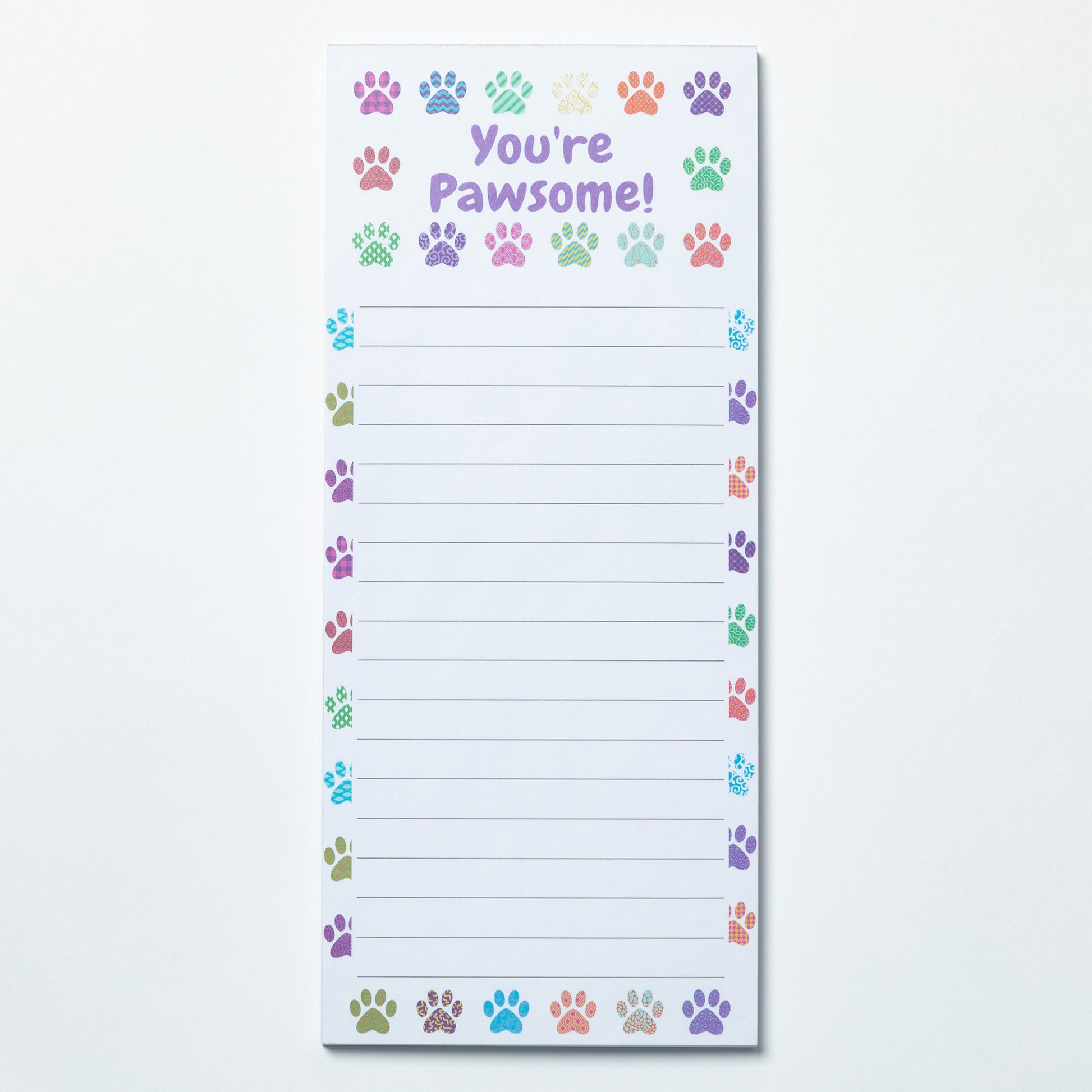 Notepad with colorful paw prints and 'You're Pawsome!' text on a white background