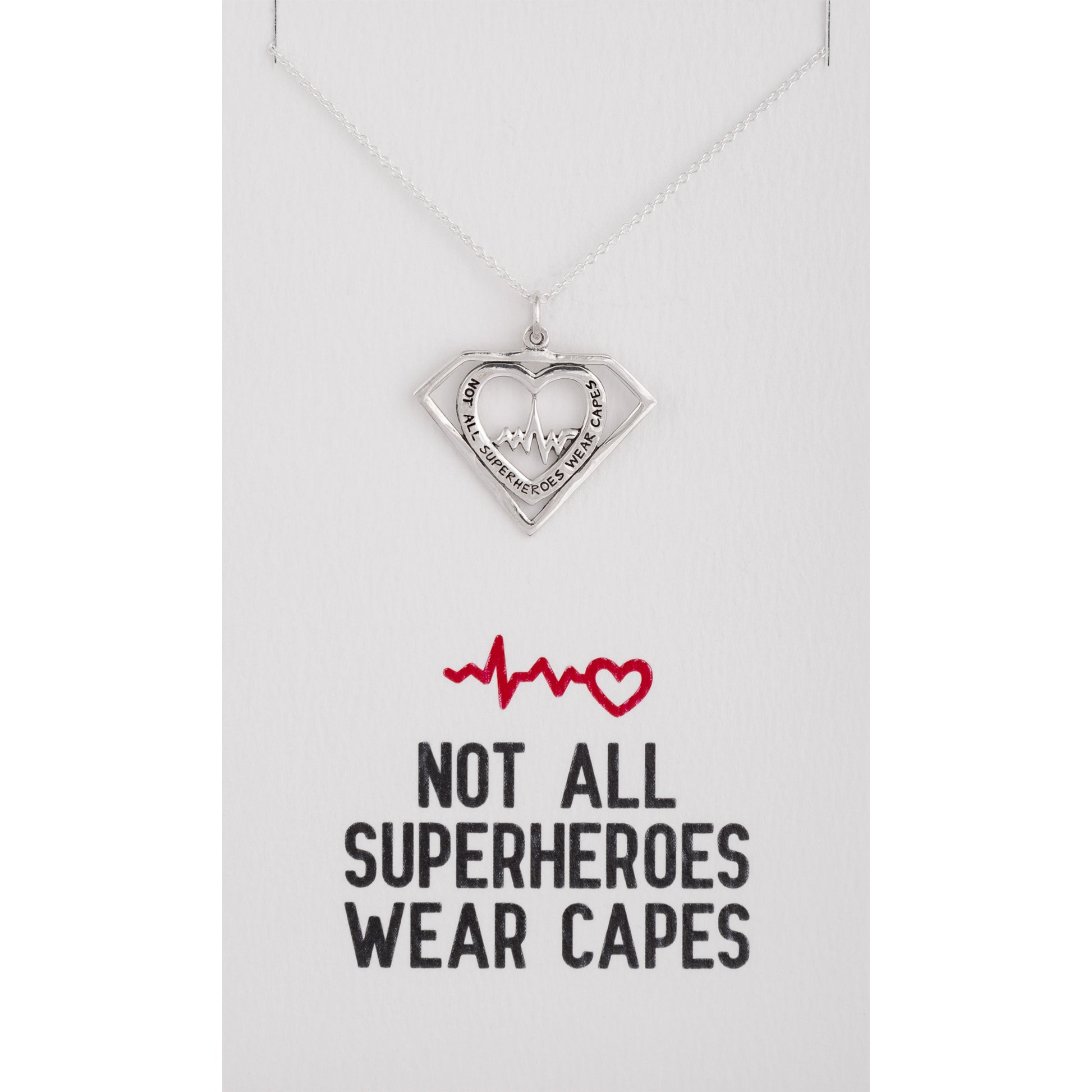 Heart-shaped sterling pendant necklace on a card with text 'Not all superheroes wear capes'.