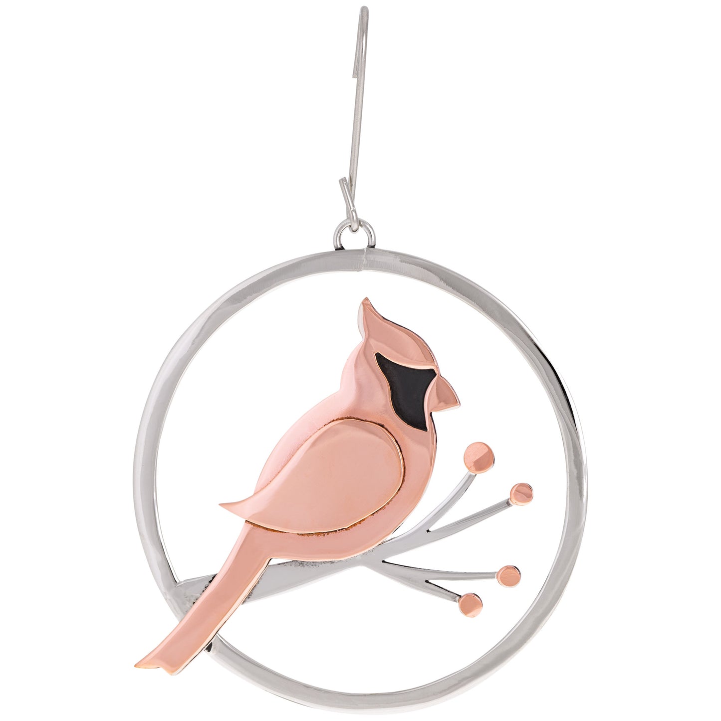 Decorative ornament of a cardinal on a branch with a silver circular background
