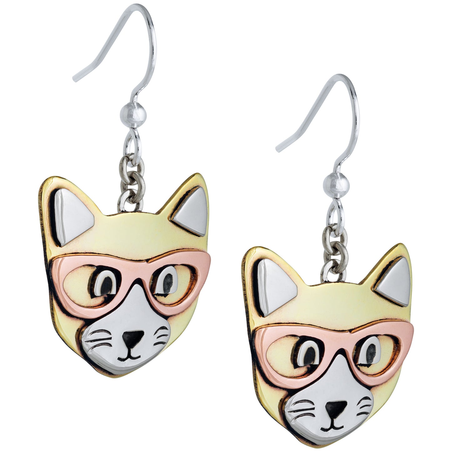 Cat-shaped earrings with copper glasses on a white background