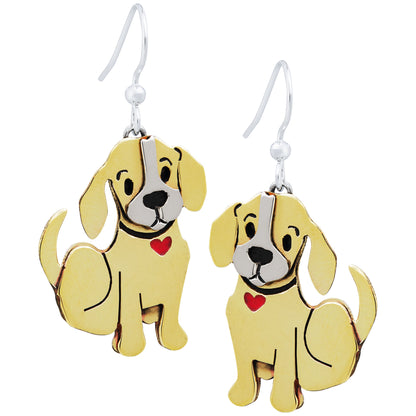Brass dog-shaped earrings with red hearts on a white background
