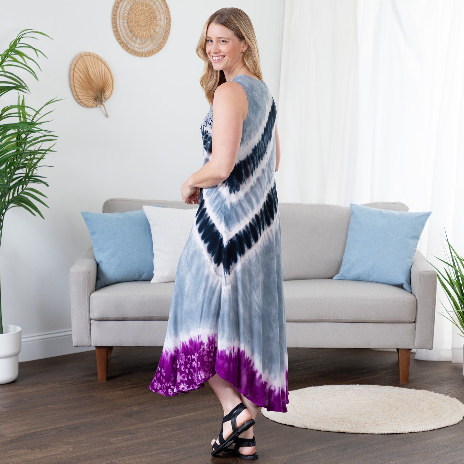 purple tie dye maxi dress Plus Size Casual Purple Tie Dye Print U Neck Sleeveless Pocket Maxi Dress